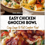 A steaming bowl of Easy Chicken Bacon Gnocchi Soup topped with crispy bacon and creamy broth for a cozy homemade meal.